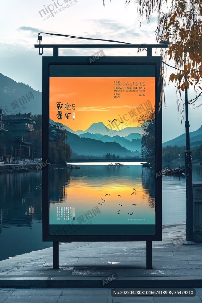 湖畔黃昏廣告畫意境悠然
