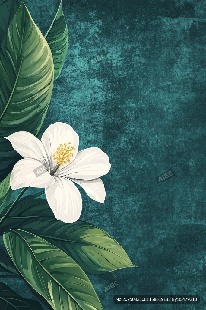 綠葉襯白花的清新插畫
