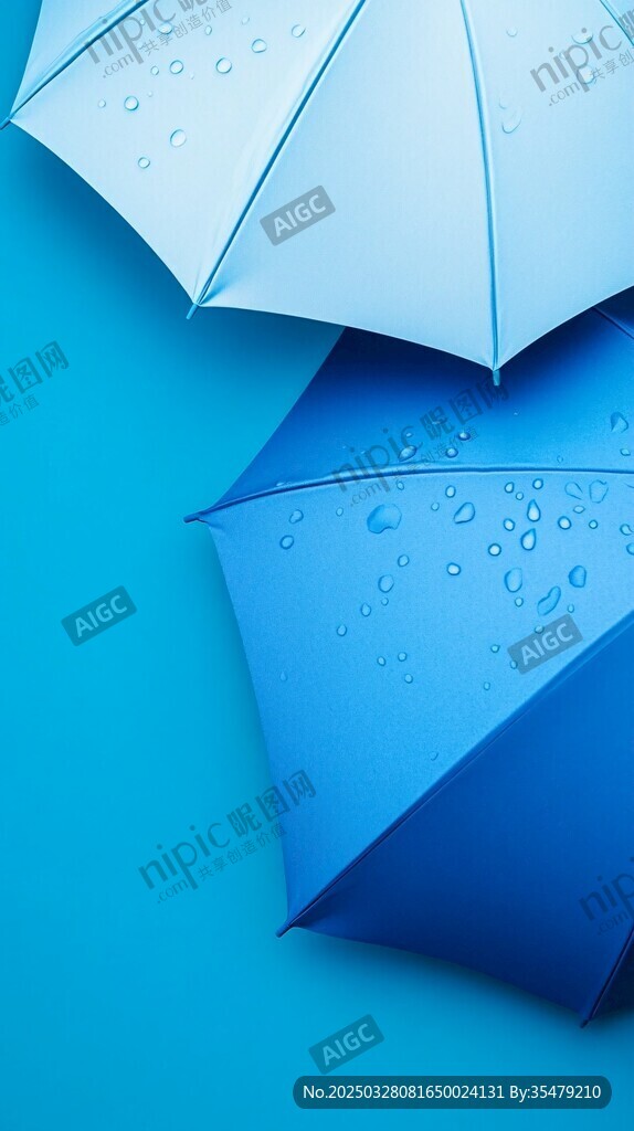 藍色雨傘上的晶瑩水珠