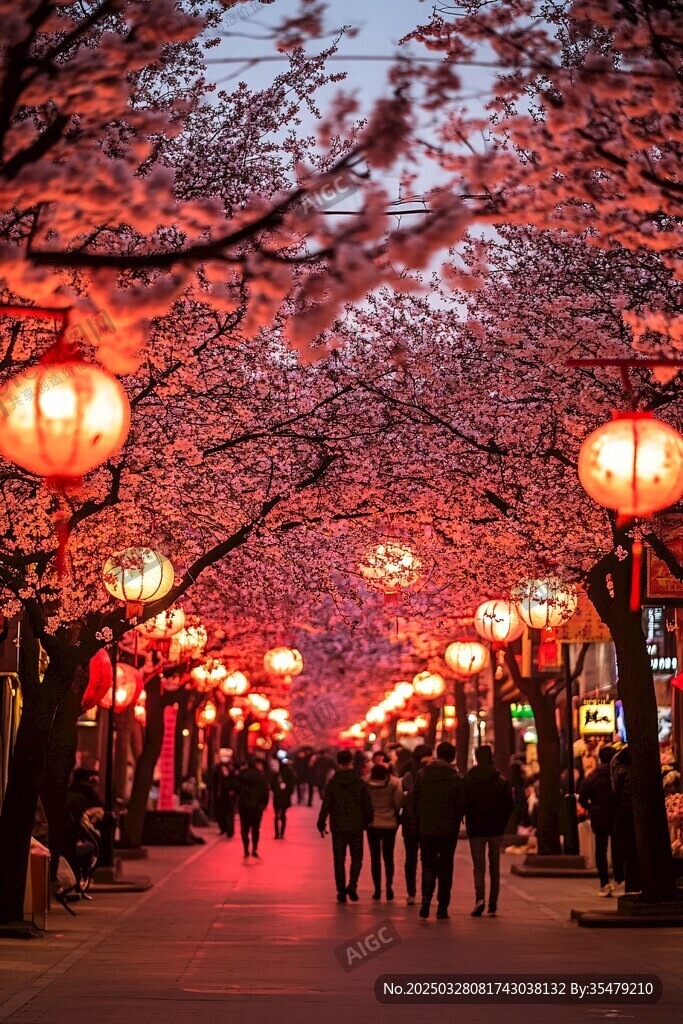 櫻花燈籠下的浪漫街道