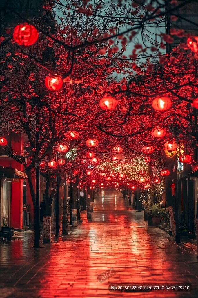雨夜紅燈映繁花街道