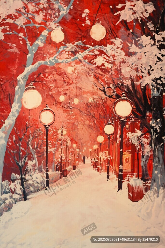 雪夜紅燈 浪漫靜謐的街道景