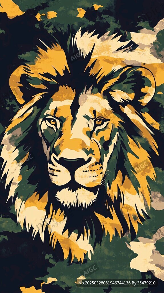 迷彩風格獅子頭像插畫