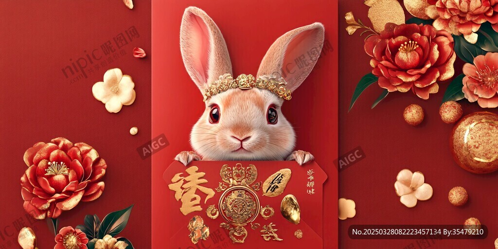 萌兔賀春 喜慶中式新春圖