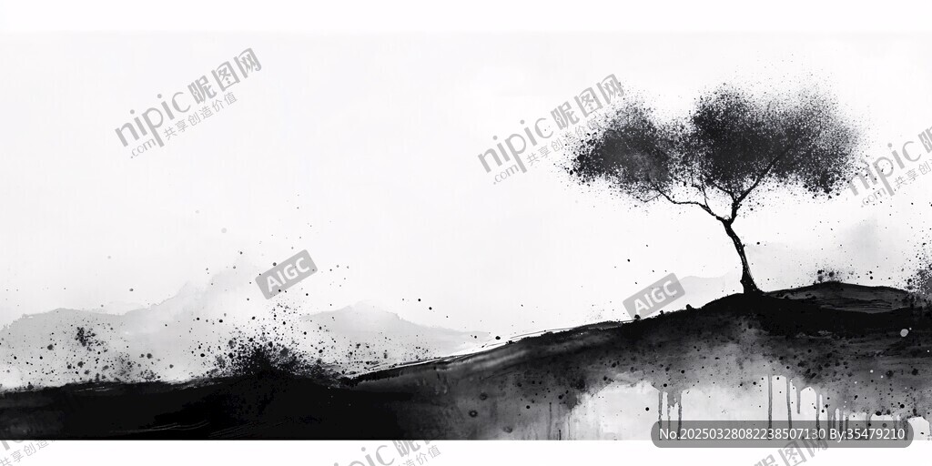 水墨孤樹立山丘