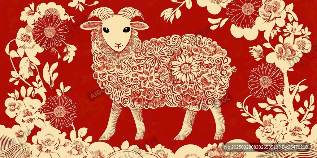 紅底羊與花卉吉祥圖案