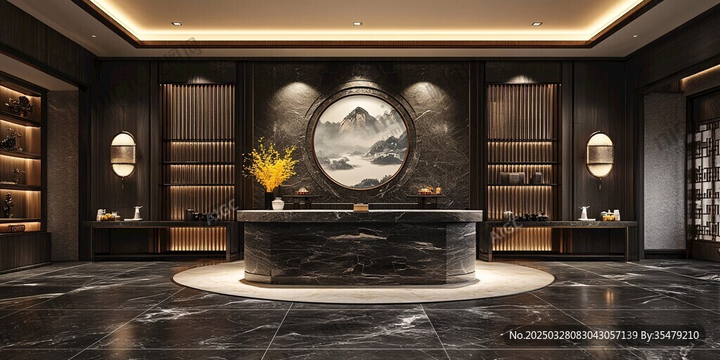 中式豪華大廳接待臺場景