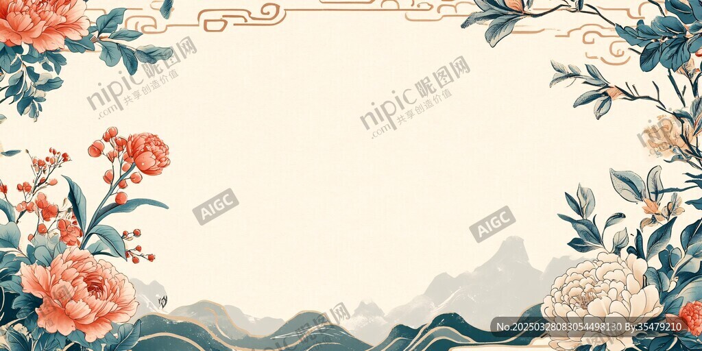 中式花卉山水邊框背景圖