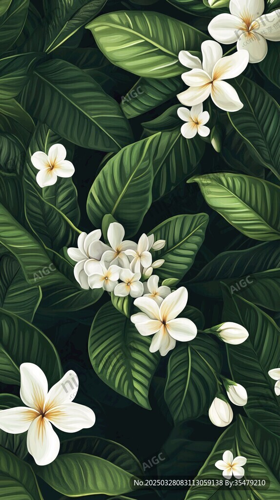 純白雞蛋花與綠葉背景圖