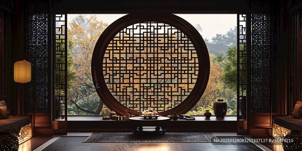 中式典雅茶室 窗外秋景如畫