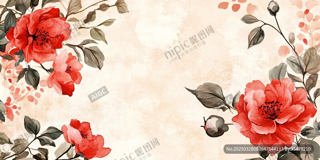 水彩紅花卉裝飾背景圖