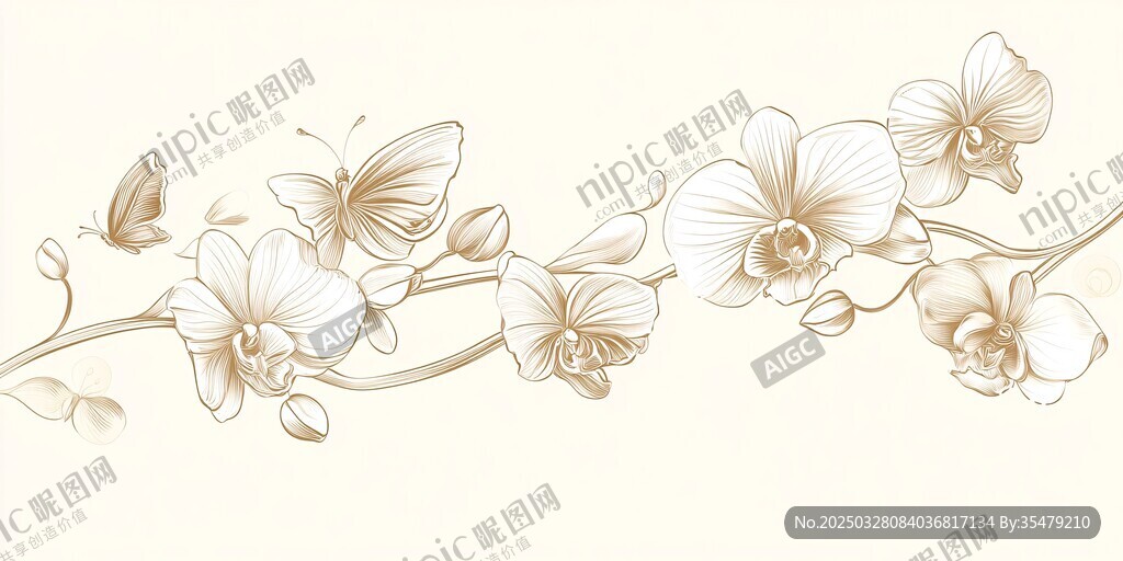 淡雅蘭花與蝴蝶插畫圖案