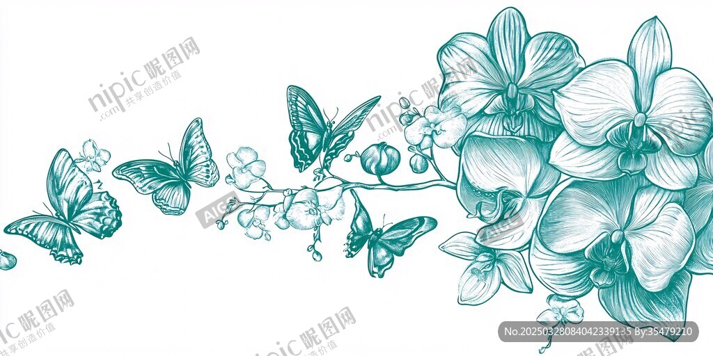 青綠色蘭花與蝴蝶插畫(huà)