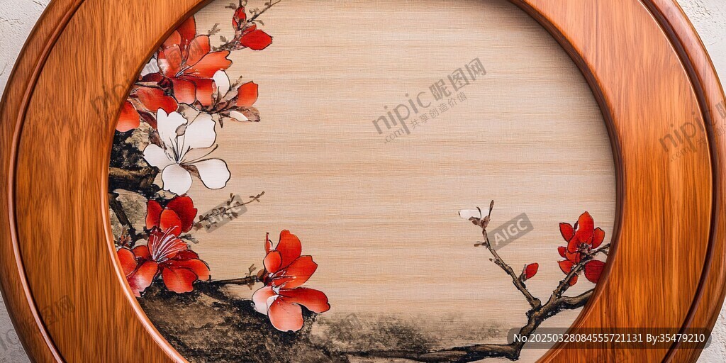 中式圓框手繪花卉裝飾畫