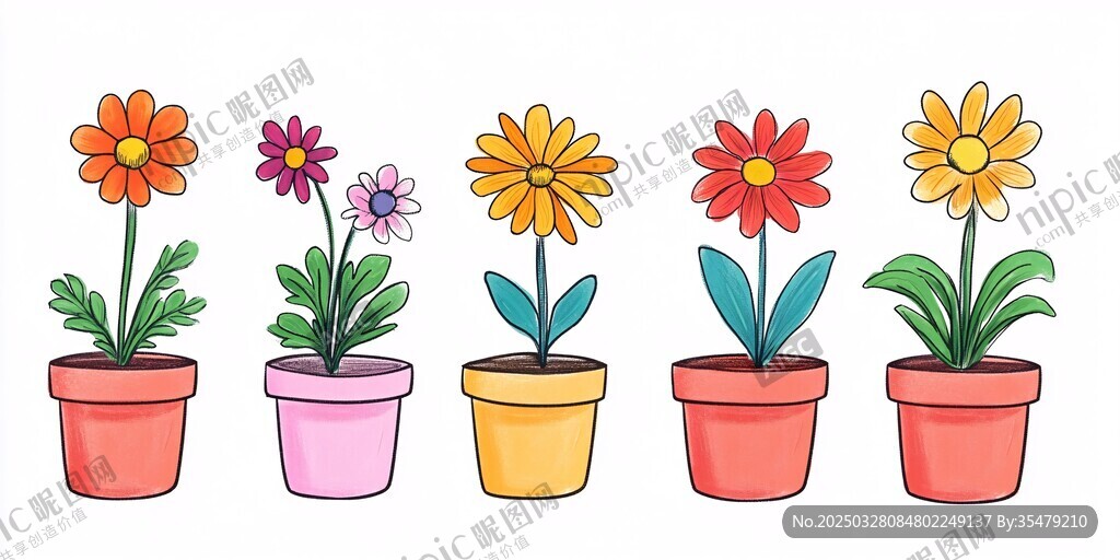 一排多彩盆栽花卉插畫