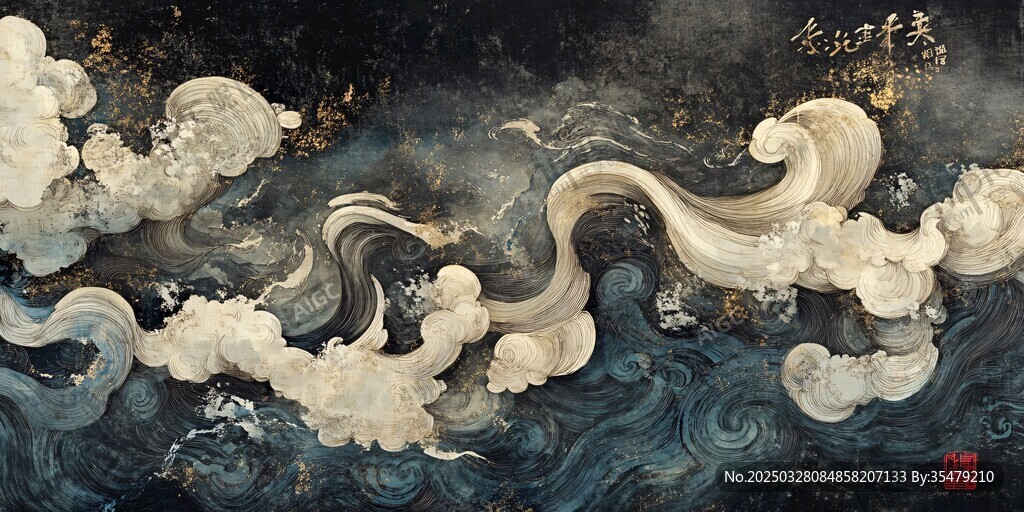 中式水墨海浪藝術圖景