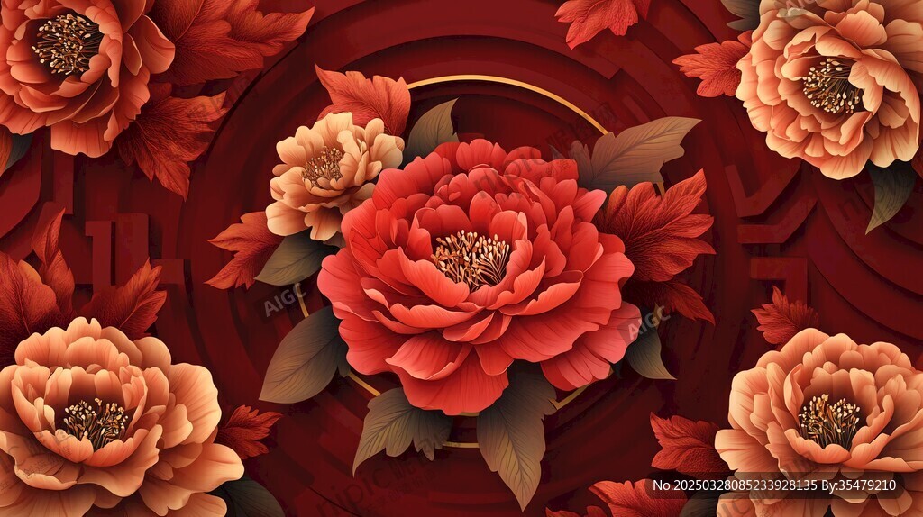 中式紅牡丹花卉圖案背景