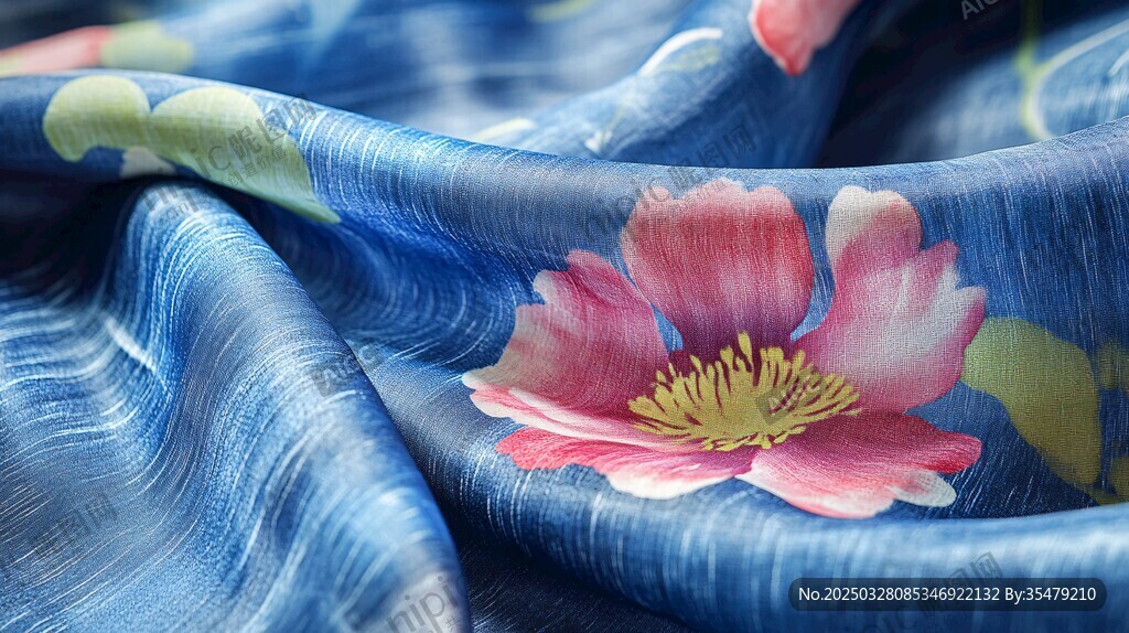 藍(lán)底花卉圖案絲綢面料
