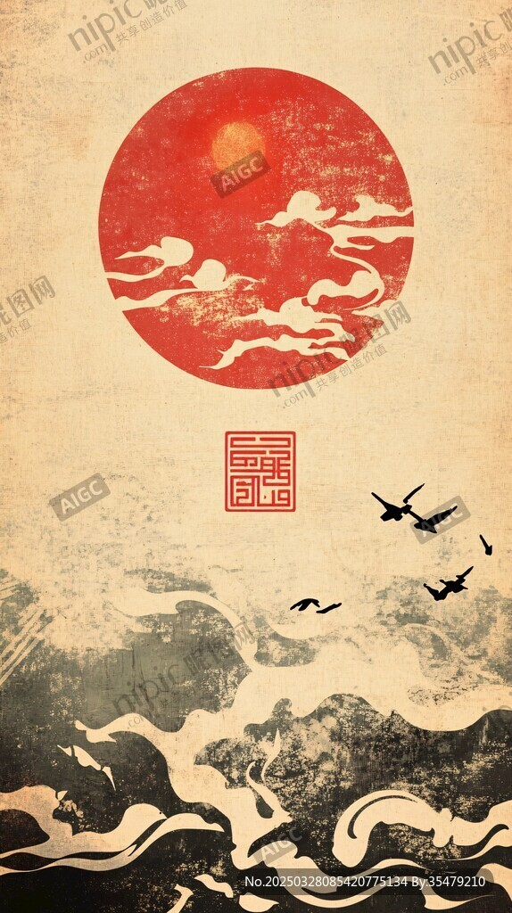 紅日云海飛鳥中式意境圖