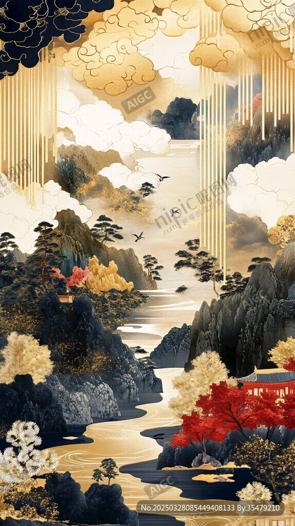 中式山水意境國風插畫