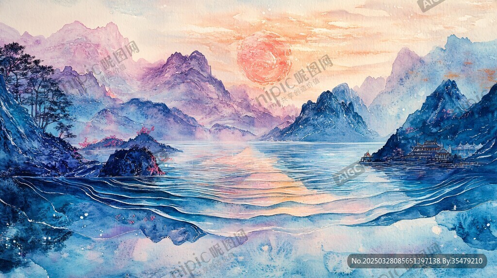夢幻山水間的落日美景