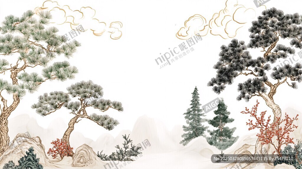 中式山水松景古風(fēng)插畫(huà)