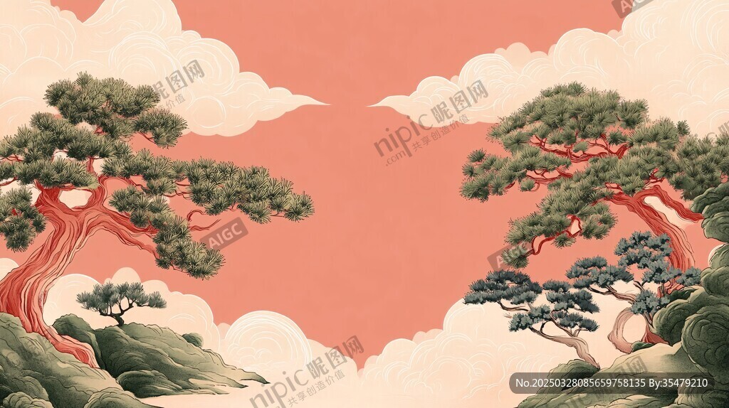 中式山水松景古風插畫
