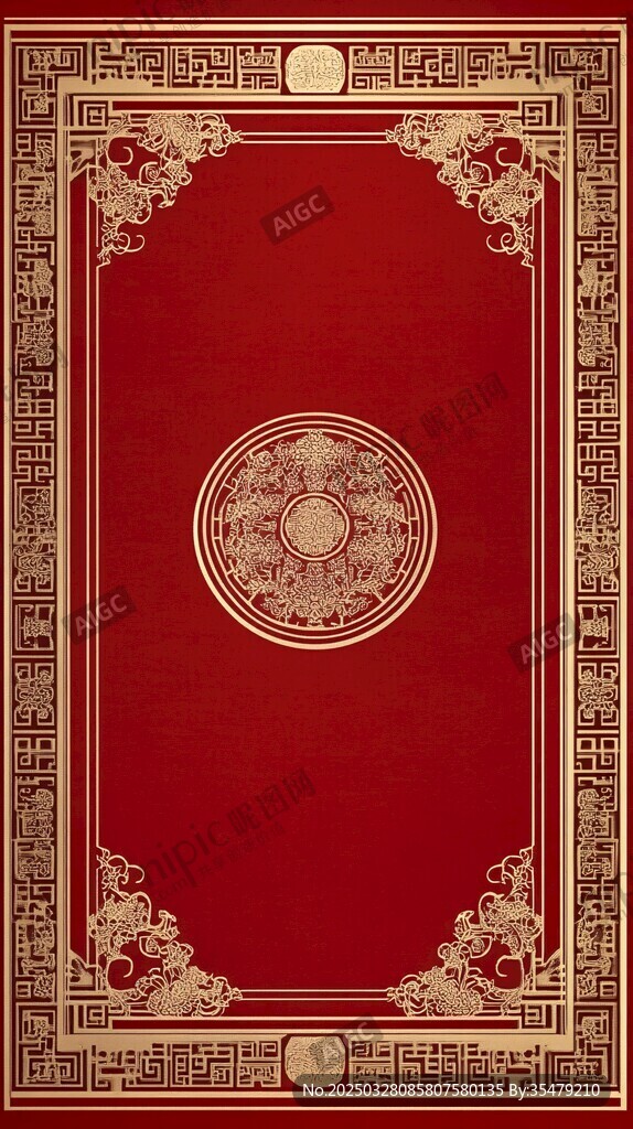中式紅底金色邊框裝飾圖