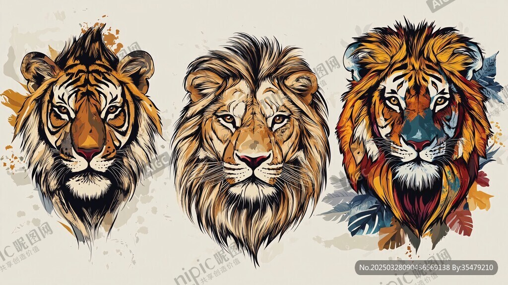 三只猛獸頭像插畫設(shè)計(jì)