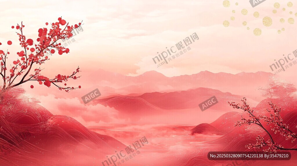 紅梅映霞的詩意山水景