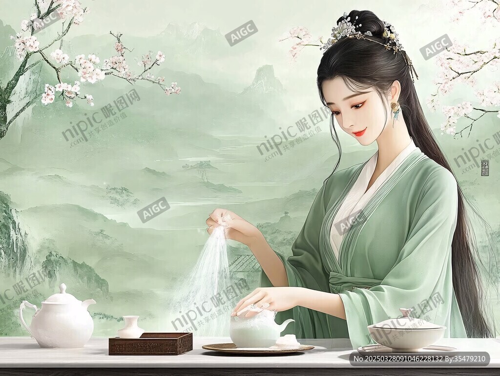 古風佳人優雅沏茶圖