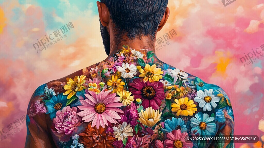 花飾后背的男子背影