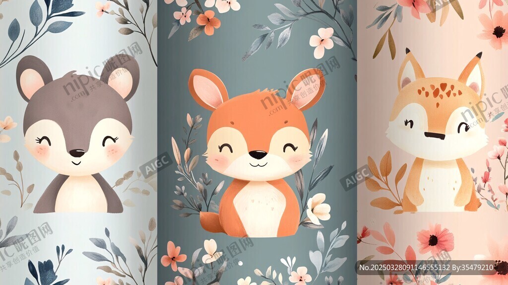 可愛動物花卉圖案插畫