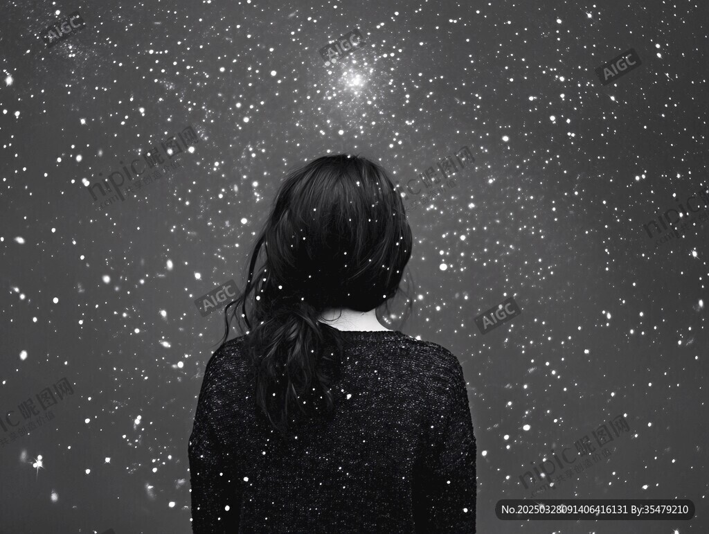 女孩仰望飄雪的夜空