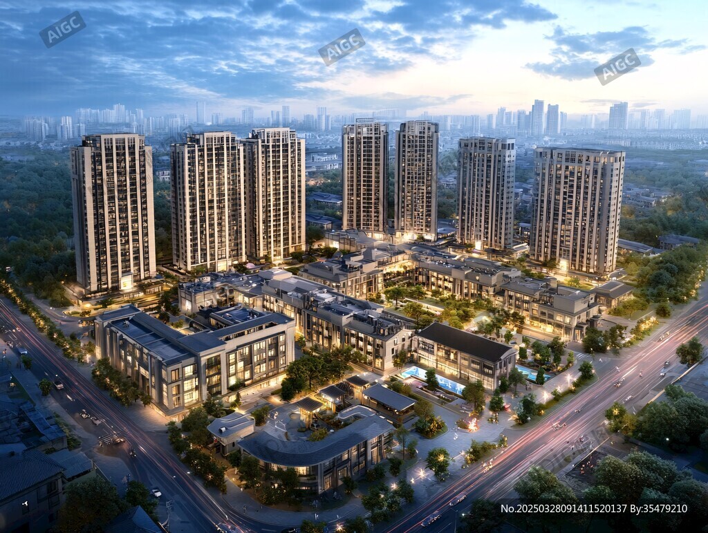 都市繁華住宅小區(qū)鳥瞰圖
