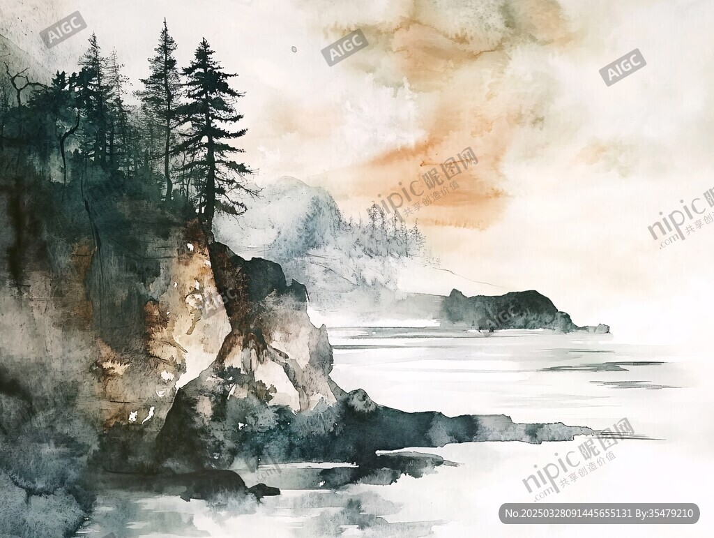 水墨繪就的山林海岸景致