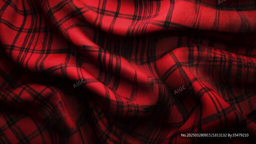 紅色格子褶皺織物紋理