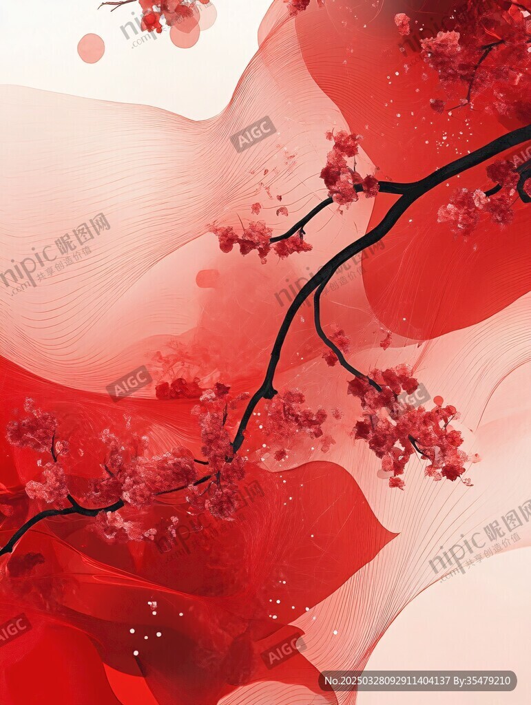 紅梅綻于靈動紅綢之上