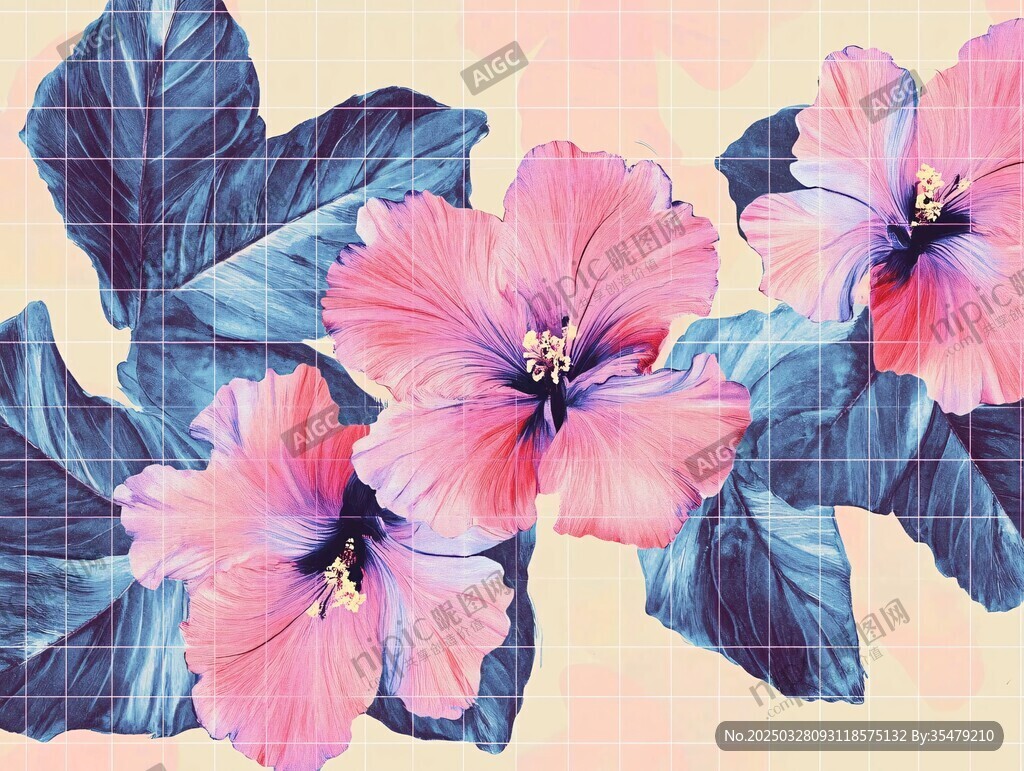 粉色木槿花與藍葉圖案