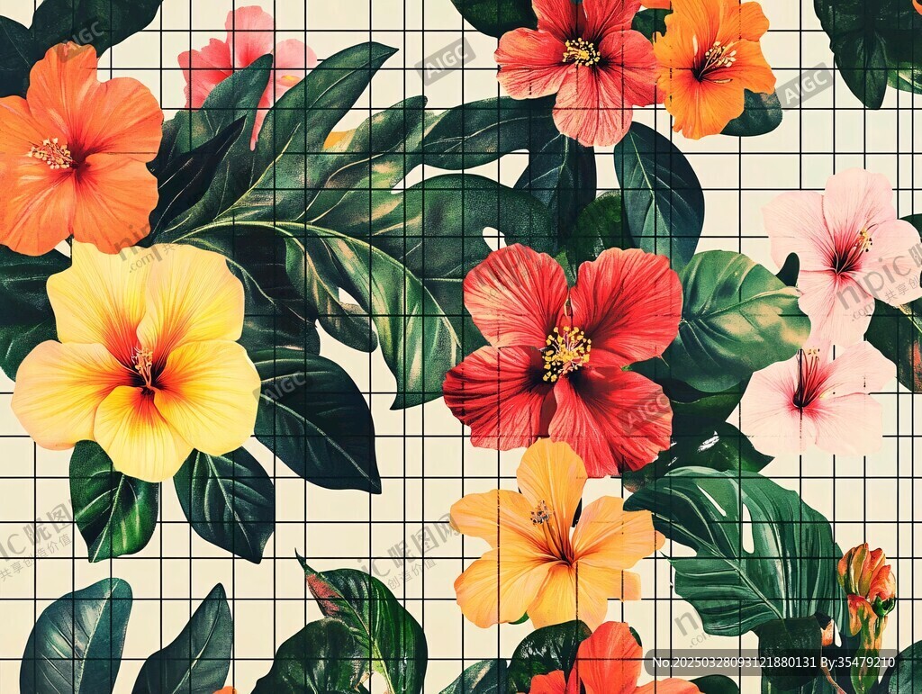 熱帶花卉網格圖案背景