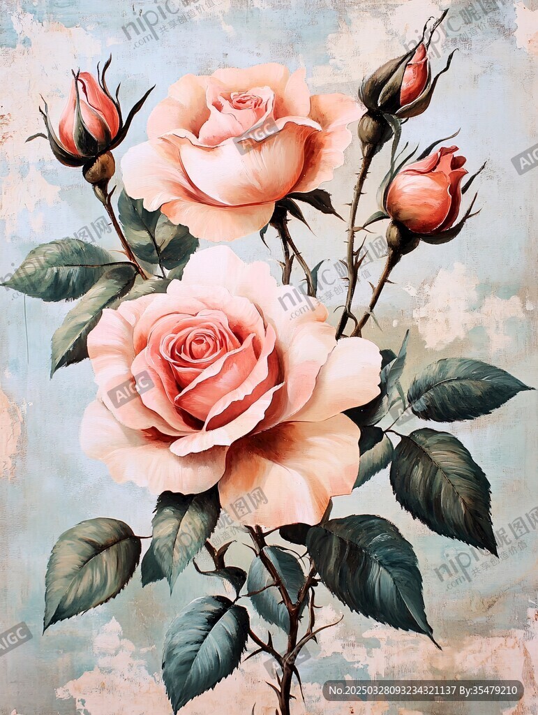 復(fù)古風(fēng)粉色玫瑰花卉插畫