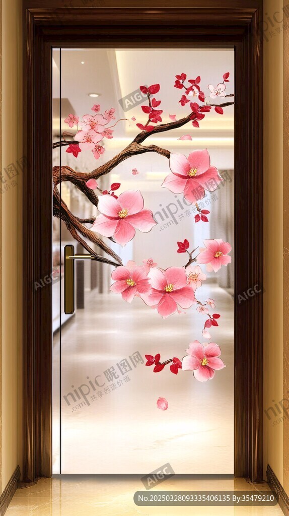 浪漫粉色桃花玻璃門裝飾