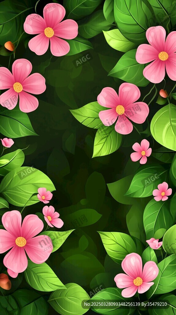 粉色花卉綠葉背景圖