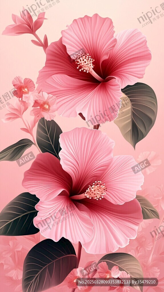粉色木槿花插畫花卉美景