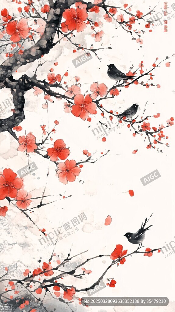 紅梅枝頭鳥兒棲