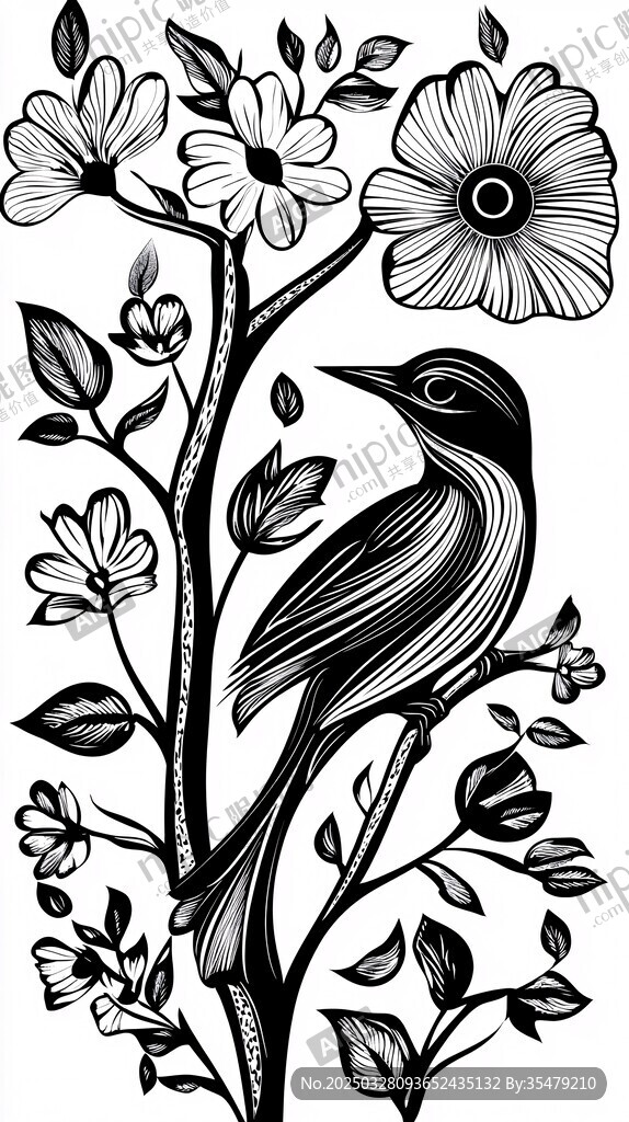 花鳥黑白插畫