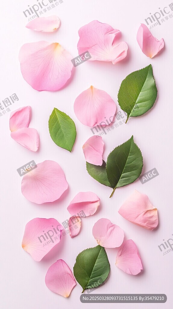 粉色玫瑰花瓣與綠葉散落