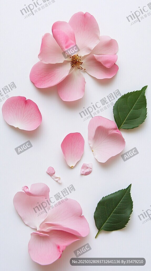 粉色薔薇花瓣與綠葉之美