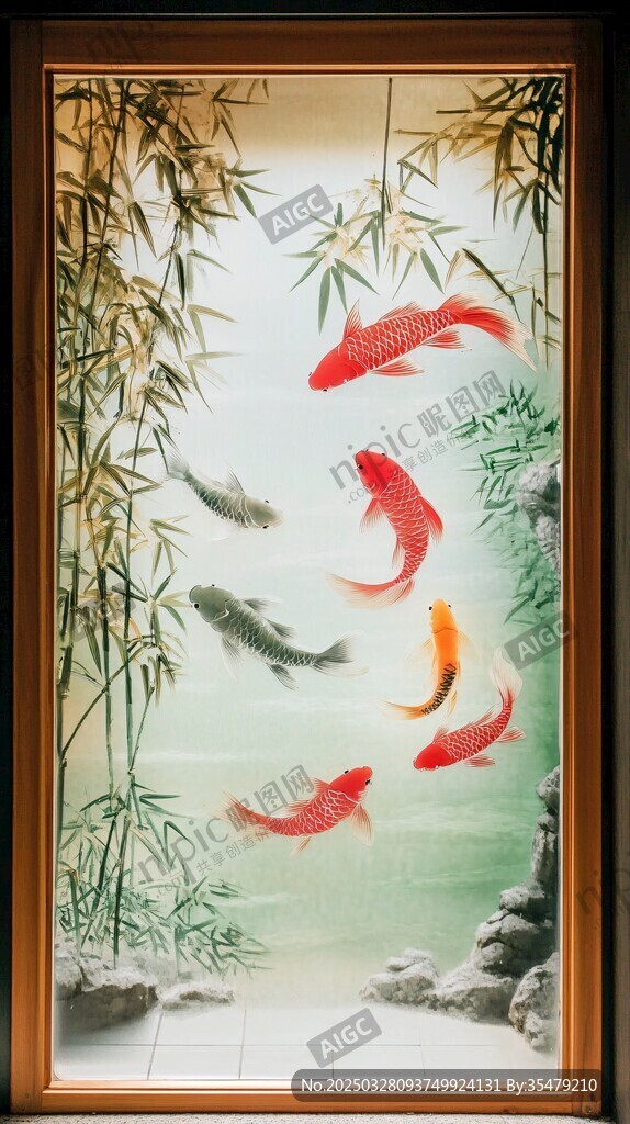 中式屏風(fēng)上的錦鯉翠竹圖