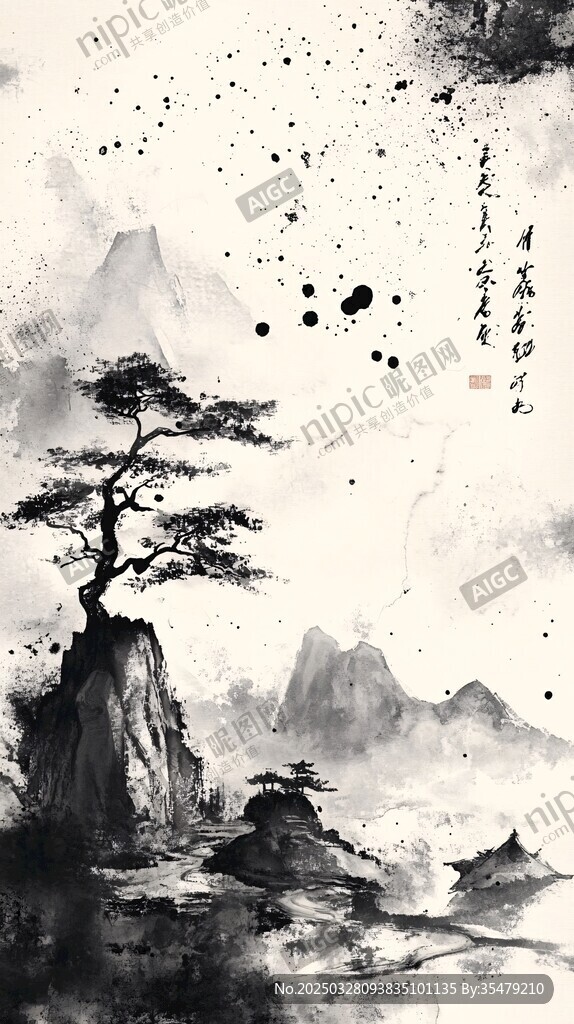 水墨孤松立 山川意境幽
